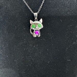 Black Cat Pendant Necklace with Green and Purple Accents